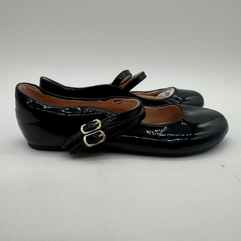 Girls Size 1 Black Patent Mary Jane Flats Double Strap Gold Buckle Dress Shoes